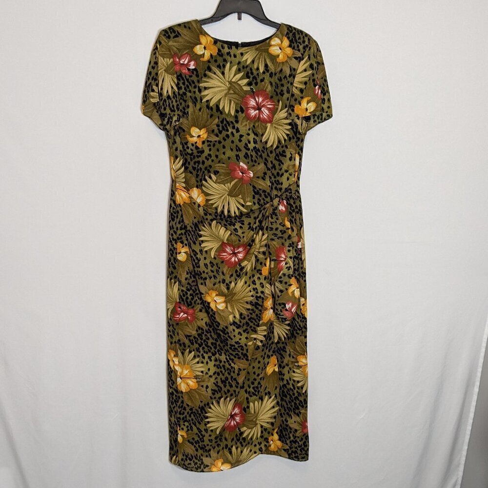 JOHN ROBERTS Olive Floral Tropical Short Sleeve Chiffon Midi Dress; Size 14